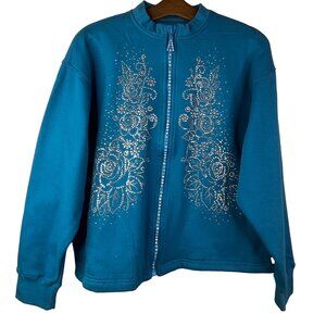 Angderson Jacket Size Large Floral Rhinestone Design Full Zip Cotton Blend Teal
